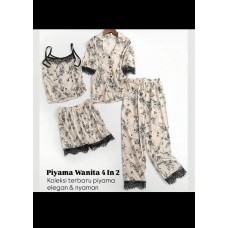 Piyama Wanita Satin Premium 4 in 1 Floral Lace – Setelan Tidur Elegan